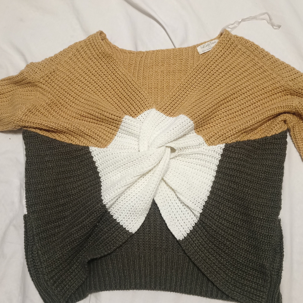 Gray and Cream Off-the-Shoulder Sweater Ribbed Knit Feminine Detail